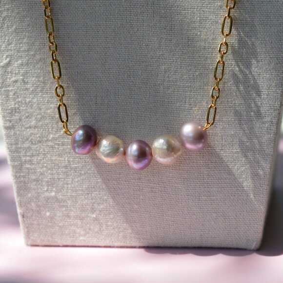 24.5" Natural Purple & White Edison Pearl Necklace – Gold Plated Chain - Picture 6 of 7
